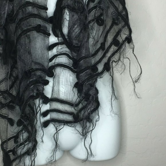 Black Sheer Womens Scarf Fringe Striped Fashion One Size 66" Long Accessory - Picture 5 of 6